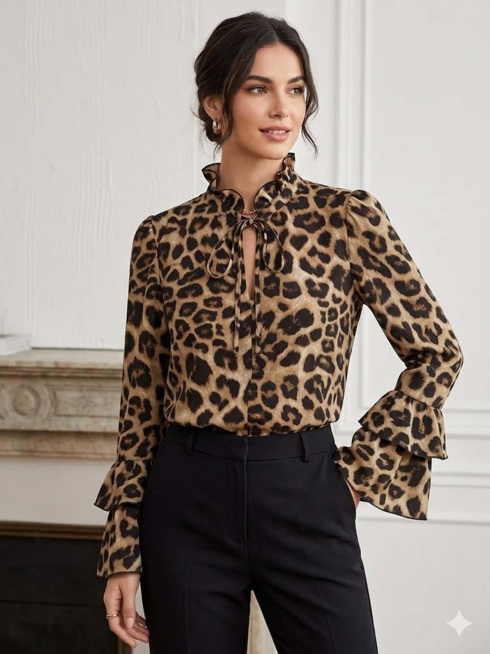 Sosandar Brown Animal Print Ruffle Flared Sleeve Blouse C15JL